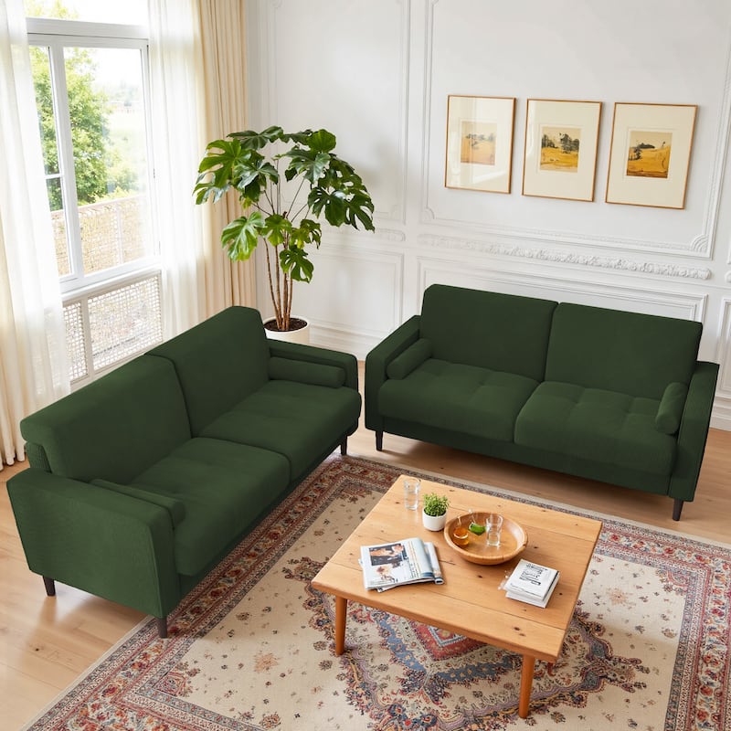 Modern Corduroy Upholstered Loveseat with Bolster Pillows and Wood Legs