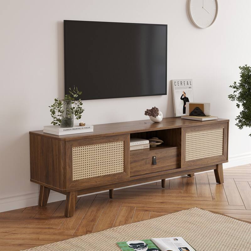 Rattan TV Stand for TVs, Wood TV Stand Mid Century Modern TV Stand TV Media Console with Drawer and 2 Cabinets
