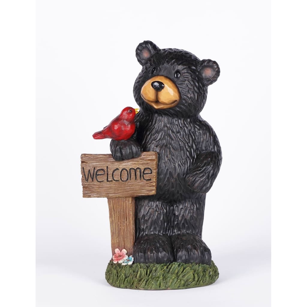 Bear Holding Welcome Sign Outdoor Garden Statue - 18.5" - Black and Brown