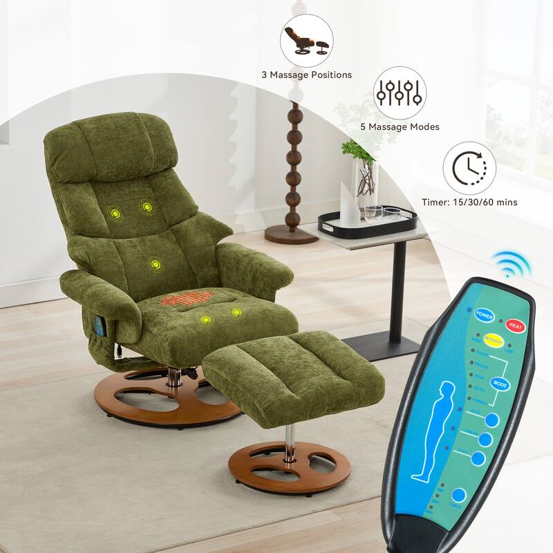 Recliner Chair with Ottoman, Modern 360° Swivel Lounge Chair with Footstool, Chenille Fabric, 5 Point Vibration Massage