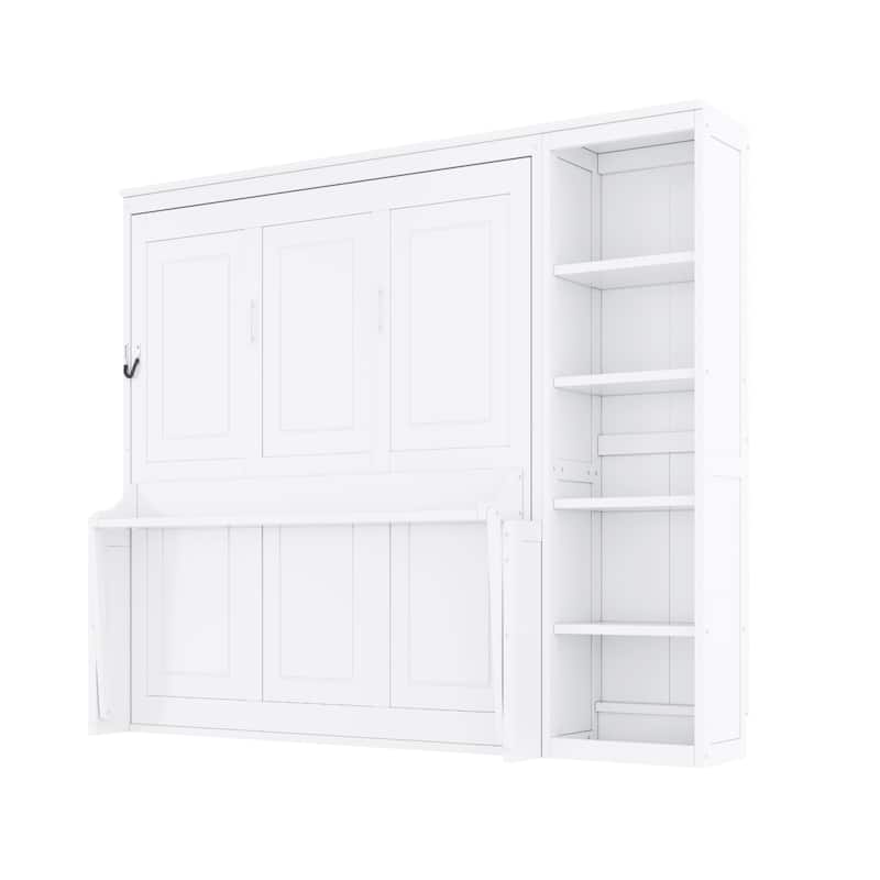 Space-Saving Full Size Murphy Bed with Integrated Desk and Bookshelf in White