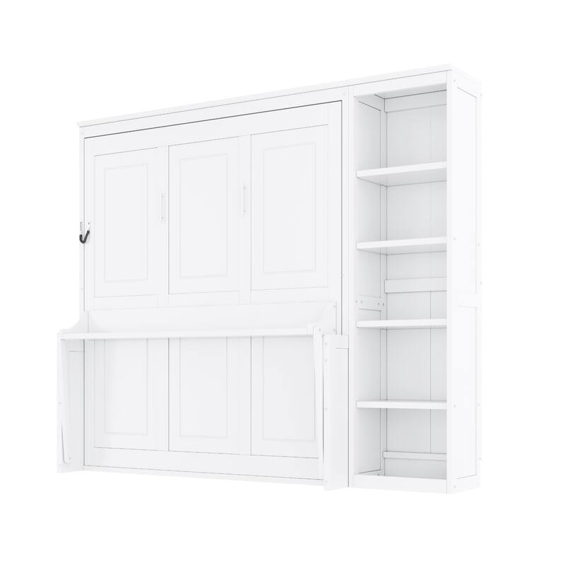 Wooden Murphy Bed Wall Bed with Storage Shelves and Built In Desk, Foldable Platform Bed Frame, Fold into The Wall