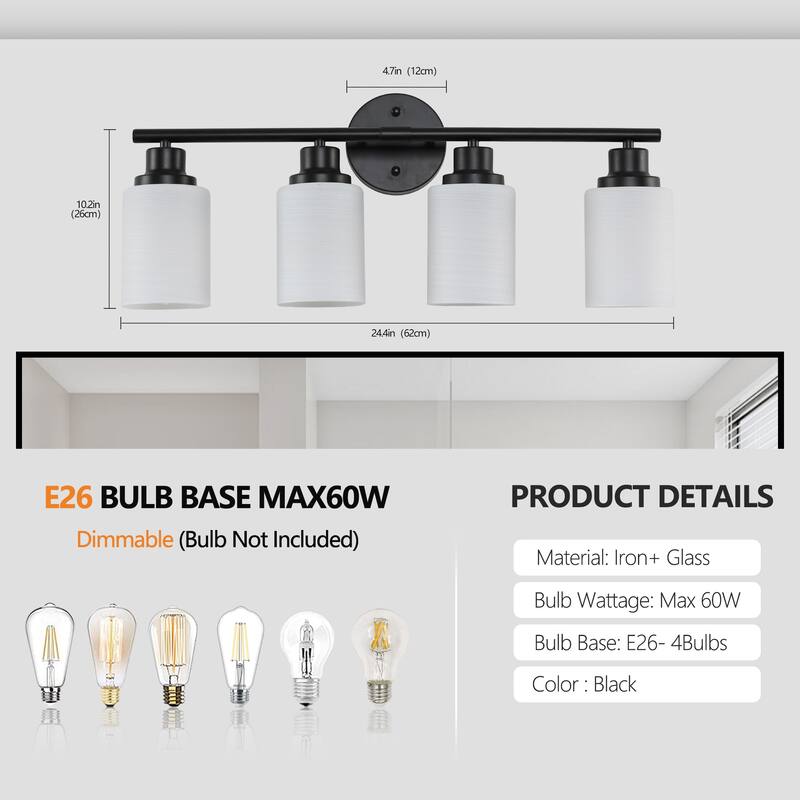 24" Modern 4-Light Vanity Wall Sconce, with Frosted Glass Shades for Bathroom or Hallway Lighting (No Bulbs)