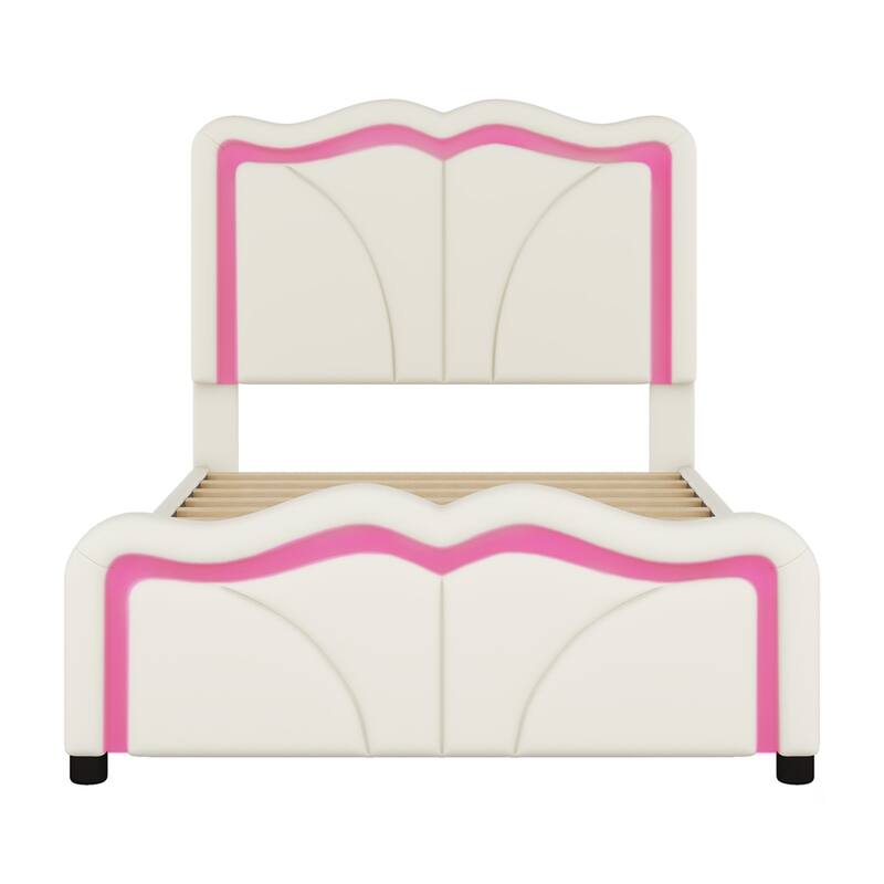 Twin Size LED Upholstered Platform Bed with Adjustable Headboard