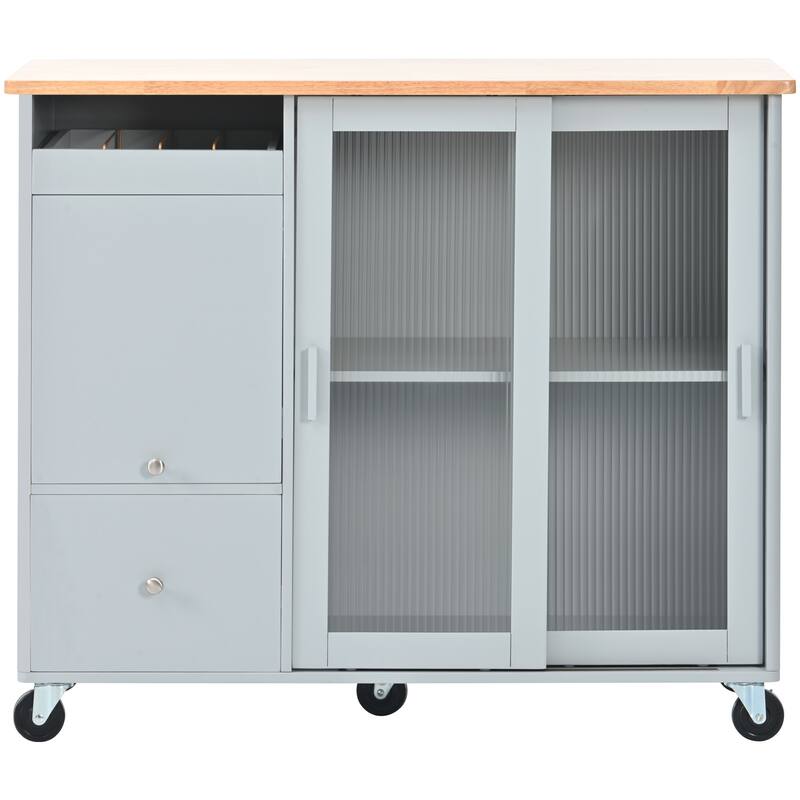 LED Kitchen Island Cart with Drop Leaf, Adjustable Shelf & 2 Drawers, Portable Islands on Wheels w/2 Fluted Glass Doors&Cabinet