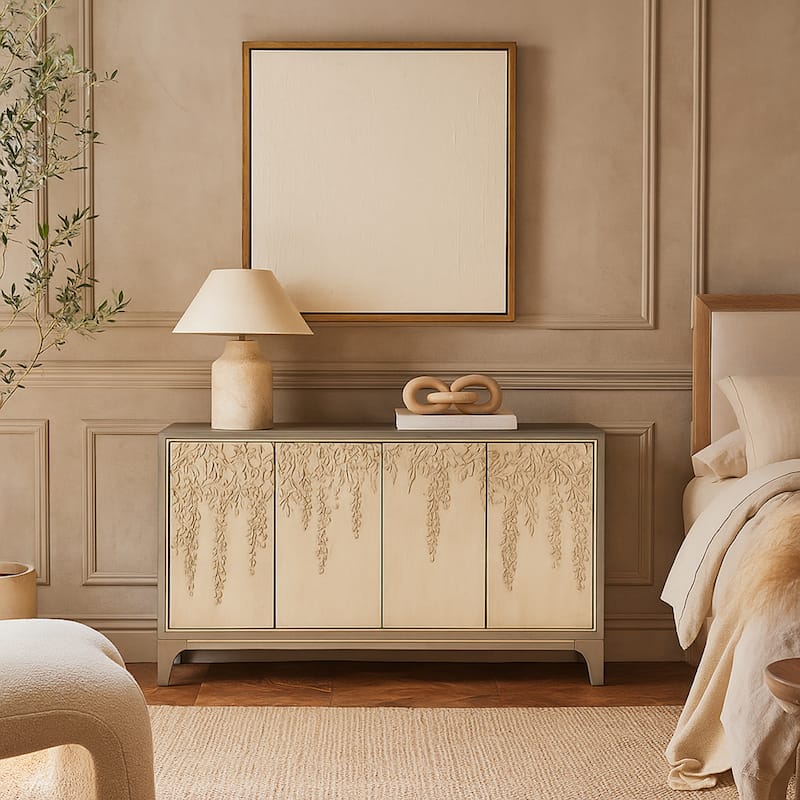 Wooden Floral Relief 4 Door Sideboard with Cream Front Doors and Cascading Leaf Design - Gray - Roche River Decor