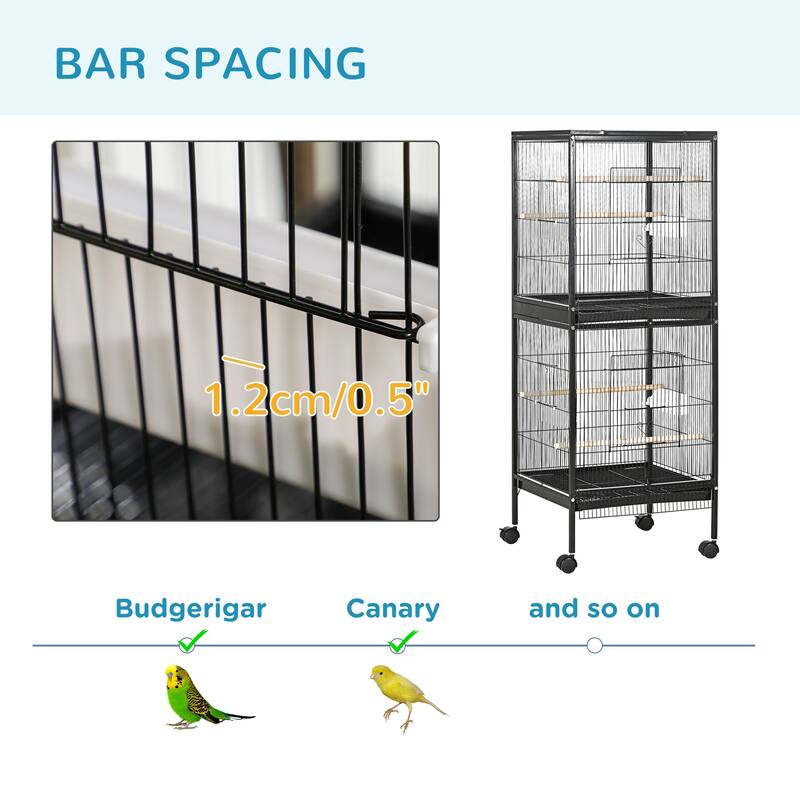 Dual-Compartment Steel Bird Cage with Removable Tray & Rolling Casters — Black - 20.5" W x 19.75" D x 55" H.
