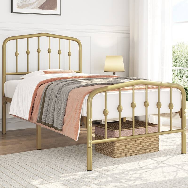 Yaheetech Bed Frame with Arched Headboard Modern Metal Bed Frame with Heavy Duty Slat Support - Antique Gold - Twin