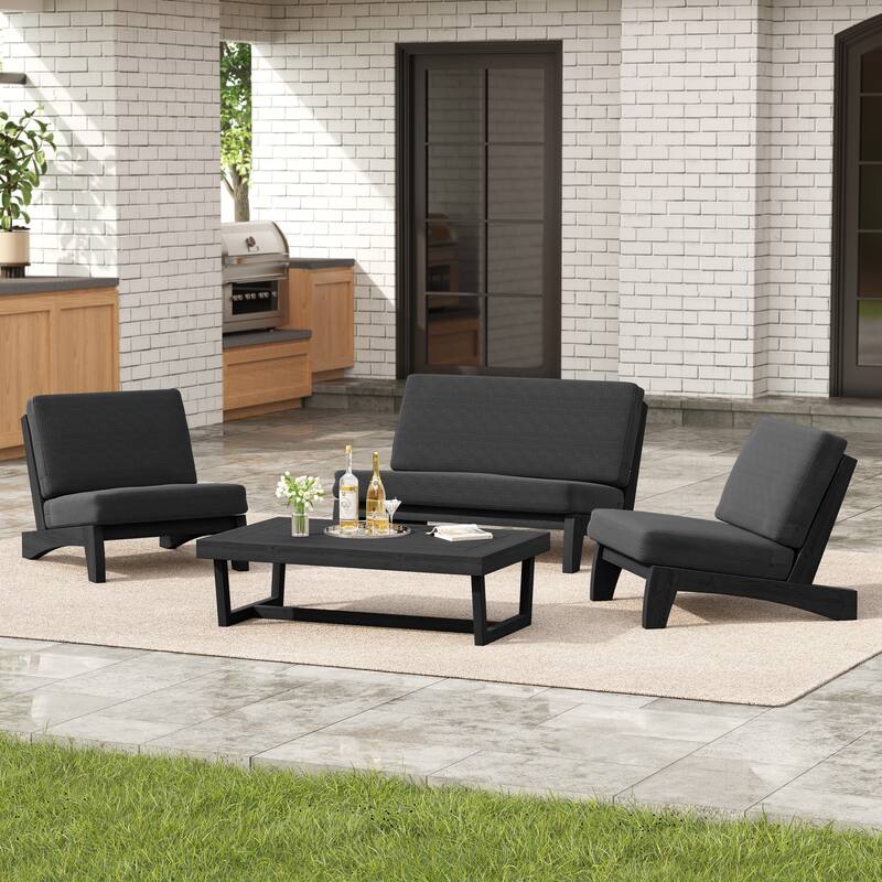 4 Set Outdoor Patio Teak Wood Club Chairs Loveseat with Coffee Table - Dark Grey - BlackFrame