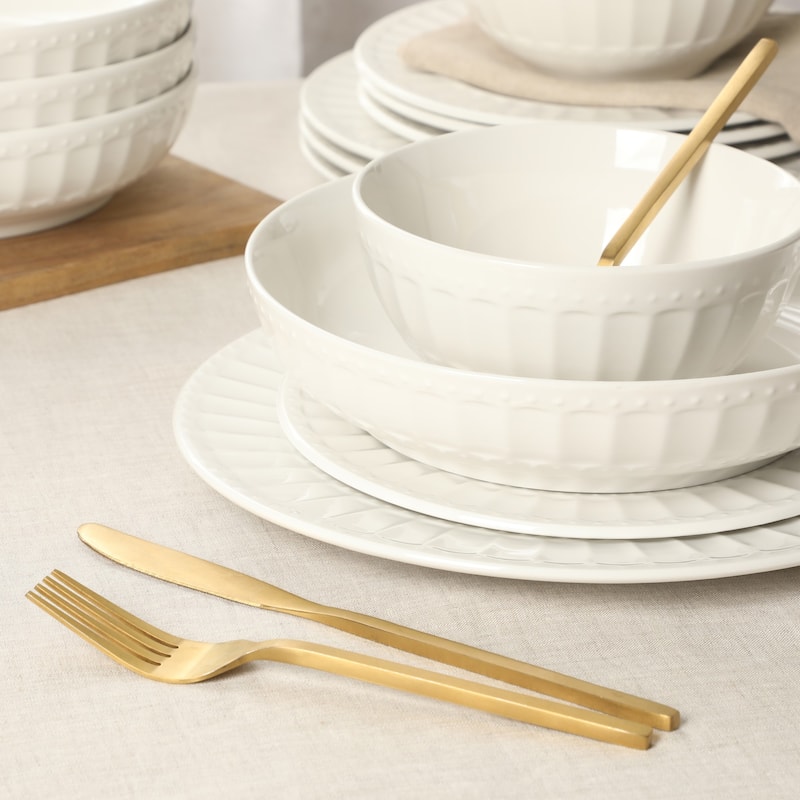 Gibson Home Melbourne White Plates and Bowls Set, 16 Piece Embossed Ceramic Dinnerware Set - Service for 4 Dishes