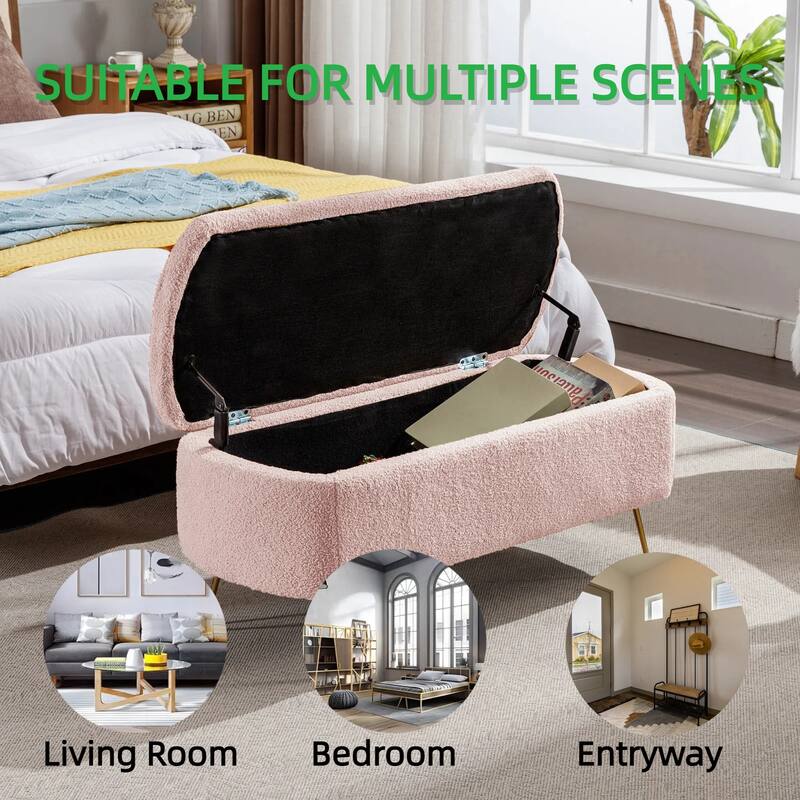Modern Faux Fur Storage Ottoman Bench with Gold Legs for Living Room, Bedroom, Entryway