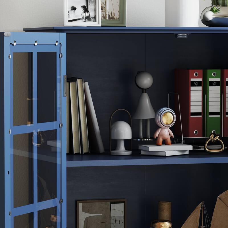 Modern Wooden Buffet Cabinet with Double Glass Doors & Drawer, Storage Sideboard for Dining Room & Entryway