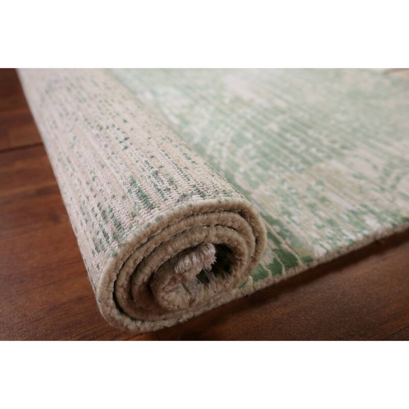 Ivory & Green Abstract Oriental Modern Accent Rug Handmade Wool Carpet - 2'9" x 4'10"