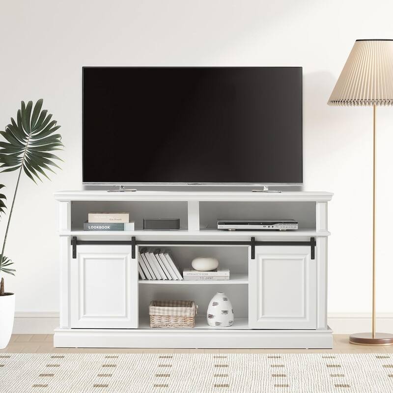 Roomfitters Mid Century Modern Media Console Table, Storage Cabinet, Multipurpose Sliding Door TV Cabinet