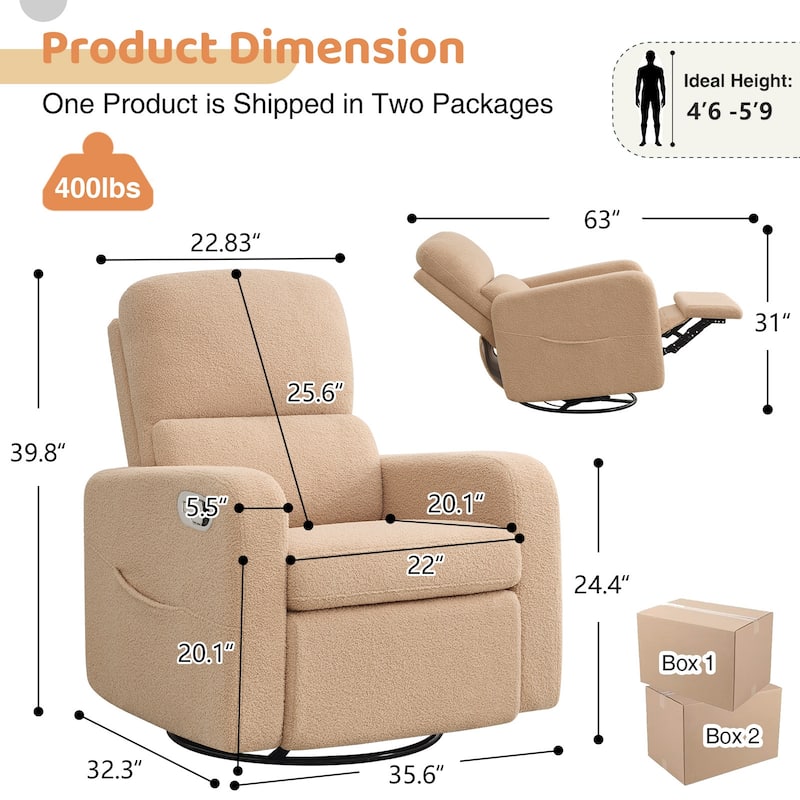 Swivel Manual Recliner Chair Teddy Fabric Nursery Glider Rocking Recliner Set of 2