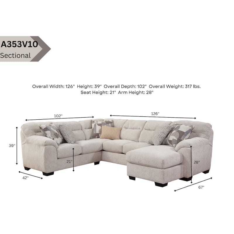American Furniture Classics Cabral Bone Model A353V10-K3 U Shaped Sectional with 6 Throw Pillows