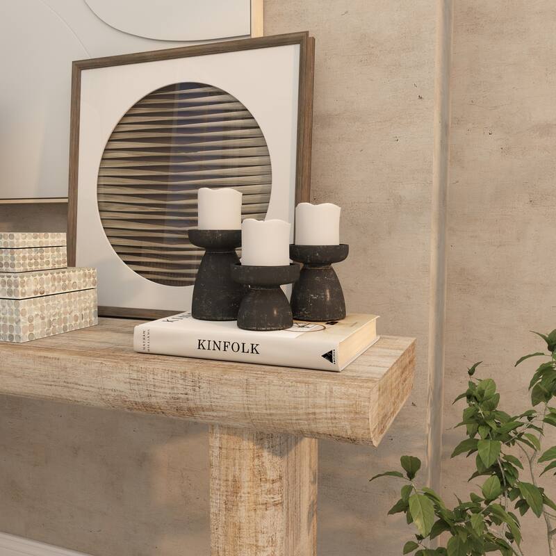 Black Wood Short Wide Distressed Decorative Candle Holder (Set of 3)