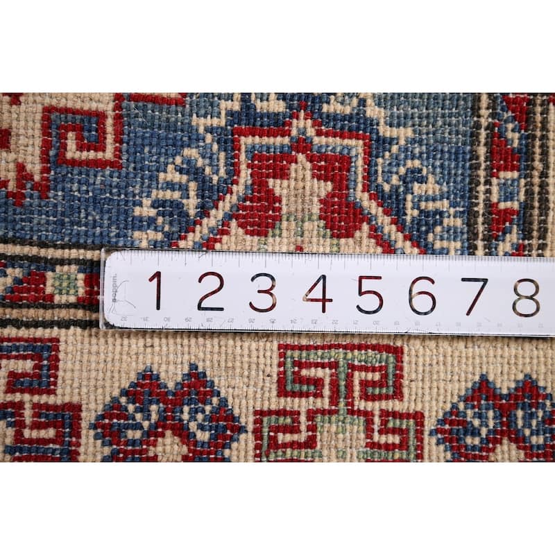 Blue Geometric Kazak Runner Rug Hand-Knotted Wool Carpet - 2'9" x 15'11"