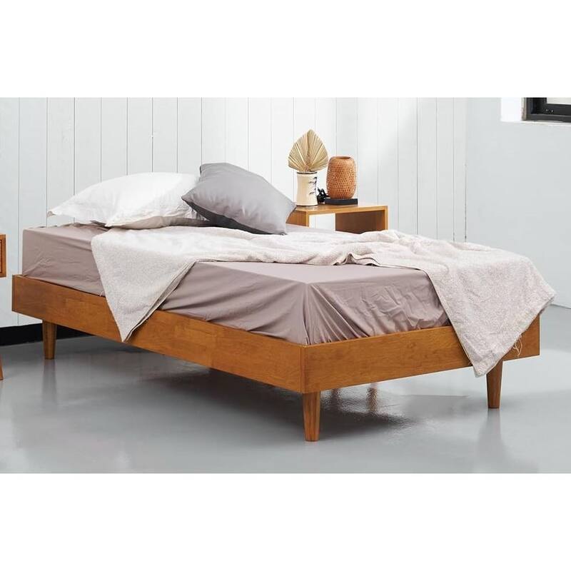 Twin Size Mid Century Modern Platform Bed Frame Floating Design with Silent Slats - Wood