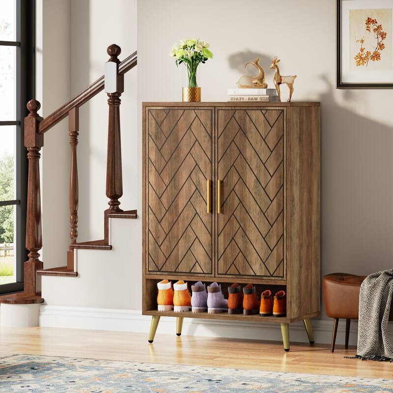 Wood and Metal 2-door Shoe Storage Cabinet with Adjustable Shelves for Entryway