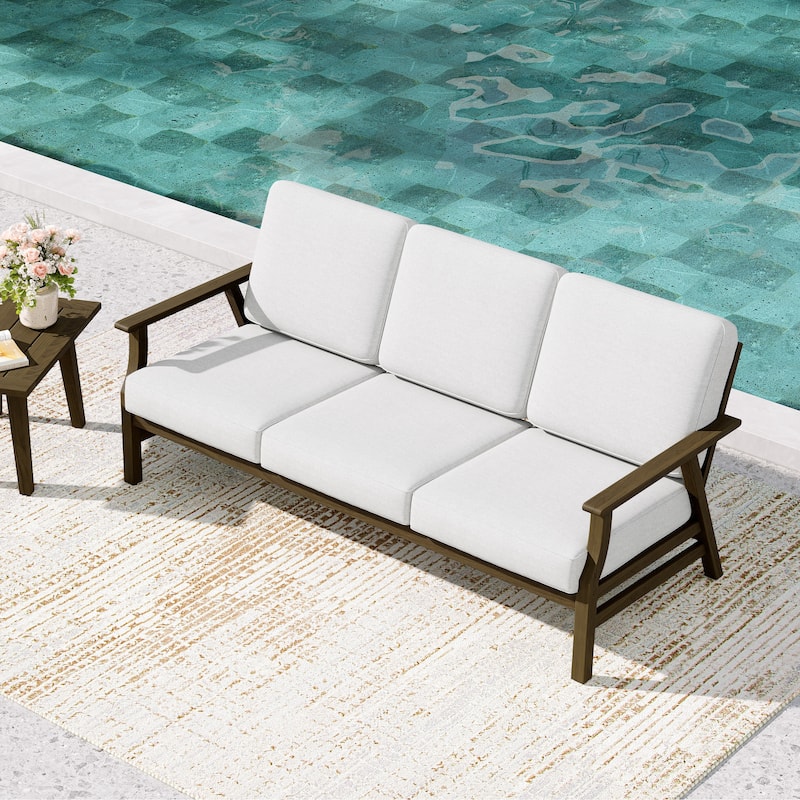 Teak Frame Outdoor Loveseat Daybed with Water-Resistant Cushions. - Beige/Daybed - Brown Wood