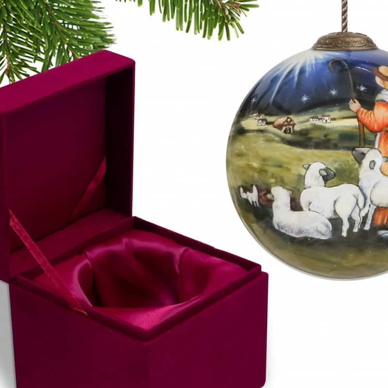 Shepherd Gazing Into the Star of Bethlehem Hand Painted Mouth Blown Glass Ornament - 3"x 3" x 3"