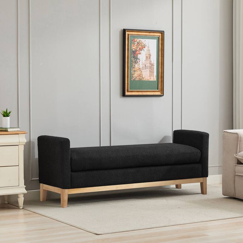66 Inch End of Bed Bench, Upholstered Ottoman Bench with Wood Legs, Elegant Ottoman with Bolster Pillows for Bedroom