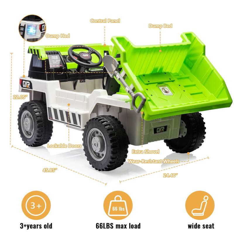12V Electric Kids Ride-on Dump Truck Toy Car with Dumping Bed, Shovel