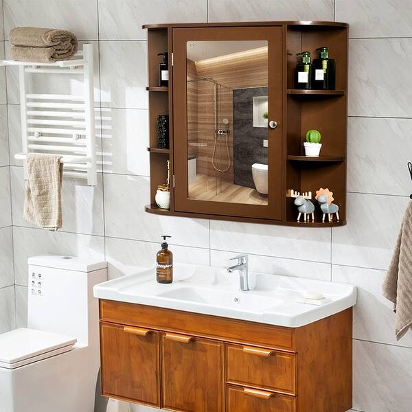 Shop Black Friday Deals On Costway Multipurpose Mount Wall Surface Bathroom Storage Cabinet Mirror Brown Overstock 29116360