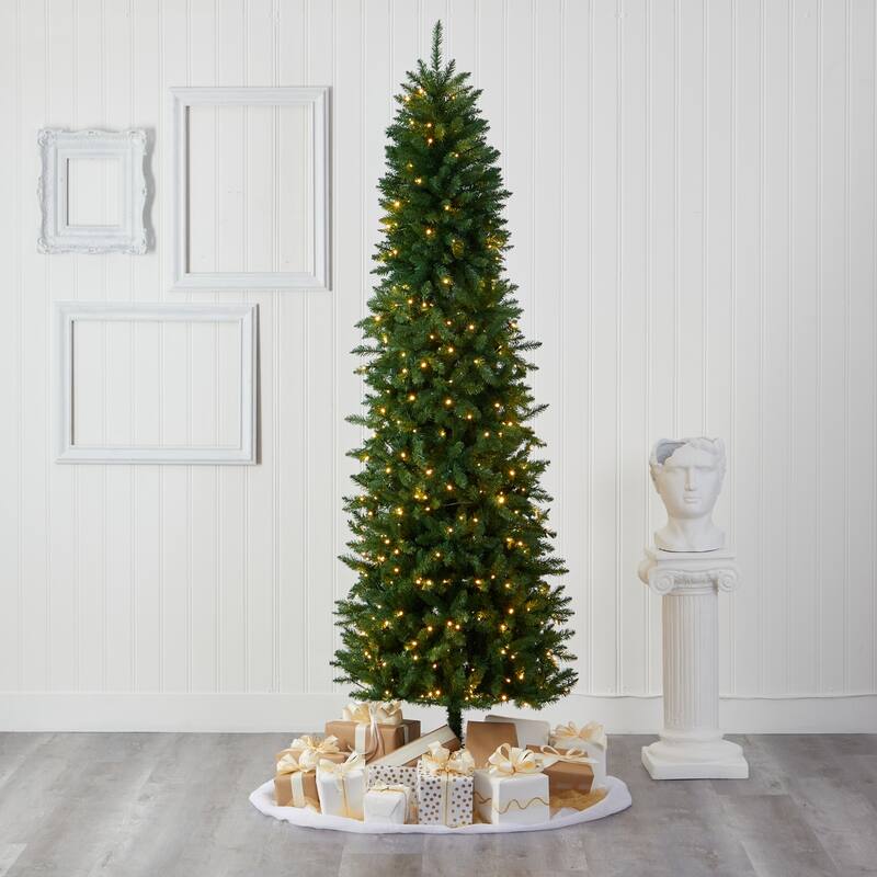 Slim Artificial Christmas Tree 7.5Ft Green Pine with Clear Lights Holiday Decor - 90