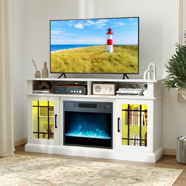 MDF Fireplace TV Stand with RGB LED, Remote and Storage - 48" L x 16" W x 29" H