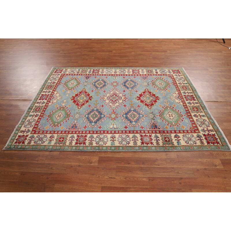 Light Blue Geometric Kazak Rug Living Room Hand-Knotted Wool Carpet - 5'0" x 6'7"
