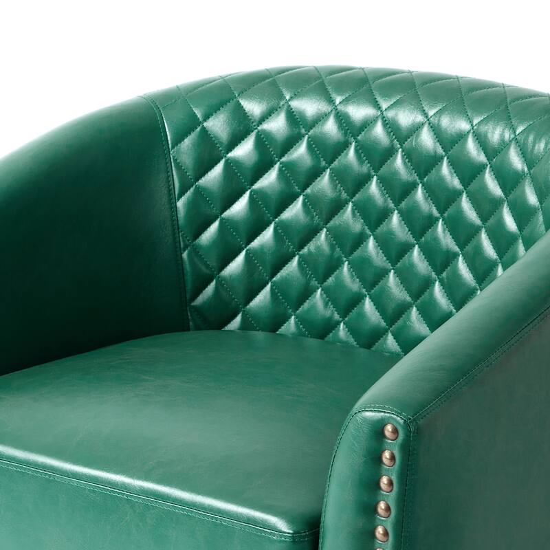 Tufted PU Vegan Leather Swivel Barrel Chair with Nailheads Trim