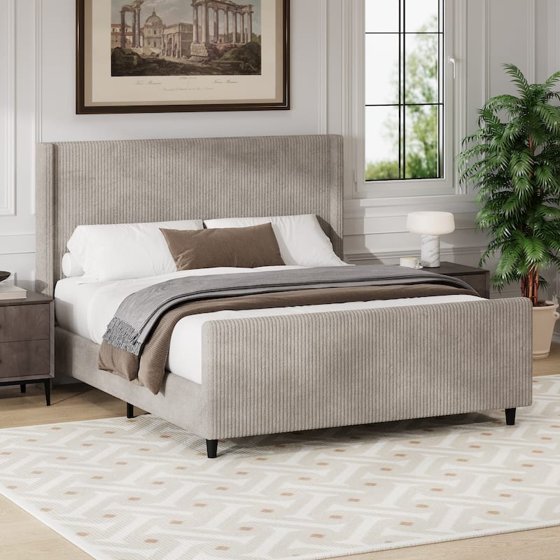 Queen Size Corduroy Upholstered Platform Bed with Vertical Stripe Wingback and High Footboard