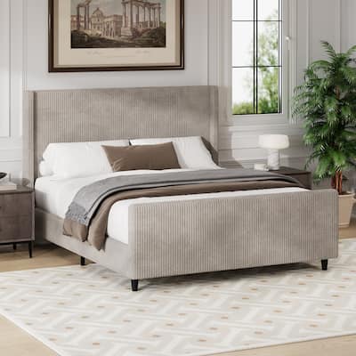 Queen Size Platform Bed Taupe Corduroy Fabric Wingback Bed