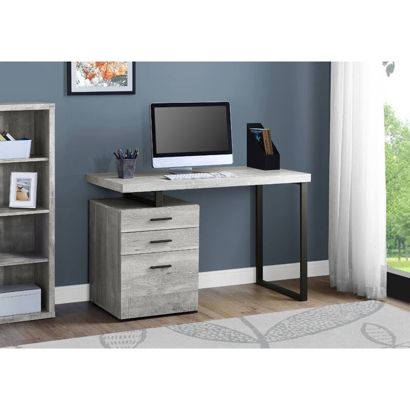 Grey Wood Computer Desk with Drawers and Black Metal Pedestal Base
