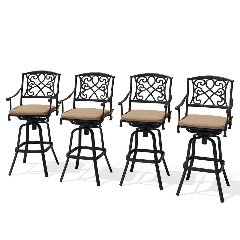 Set of 2/4 Outdoor Cast Aluminum Swivel Bar Stools with Sunbrella Fabric Cushion - Beige - 4PC