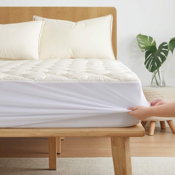 slide 2 of 8, Organic Cotton Waterproof Quilted Mattress Pad, Fitted Stretchy Side Skirt Fits up to 18"