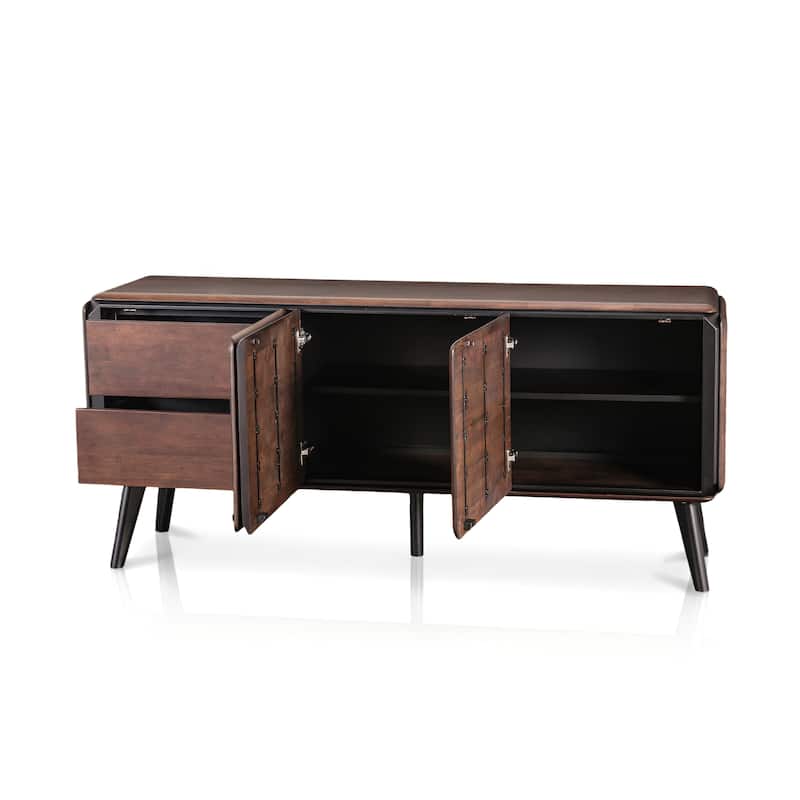 Furniture of America Abigail XV Mid-Century Modern Walnut Solid Wood Dining Server with Hidden Drawers and Shelves