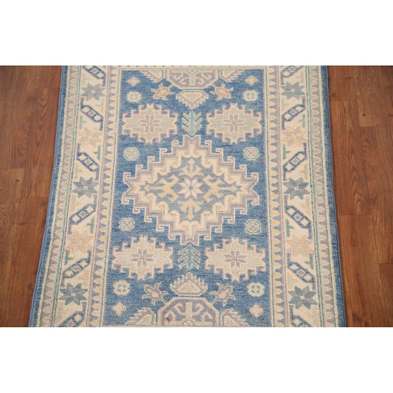Blue Geometric Kazak Accent Rug Handmade Oriental Wool Carpet - 2'7"x 4'0"