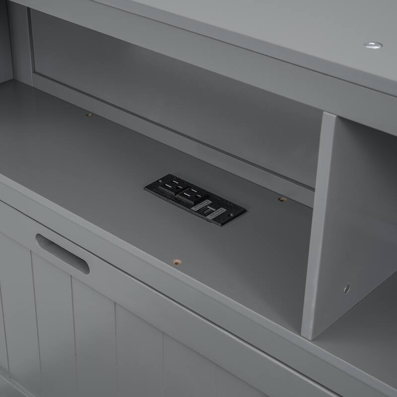 Full Size Hydraulic Platform Bed with Storage, LED Headboard, Charging Station, and 2 Drawers, Gray