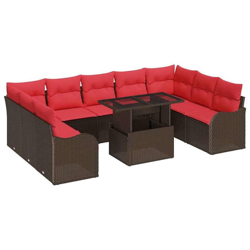 vidaXL 10 Garden Sofa Set with Cushions Black/Brown/Grey Poly Rattan - 113.8 x 70 x 27.2
