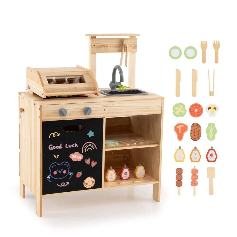Kids Kitchen Playset Wooden Kids BBQ Grill Playset w/Blackboard - Natural