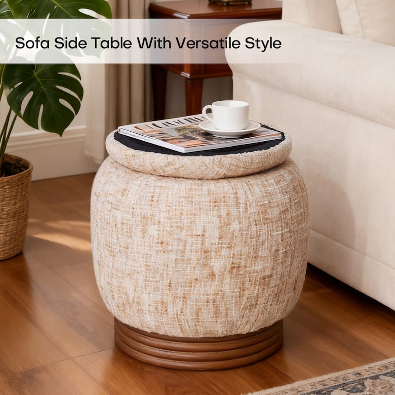 Round Storage Pouf Ottoman Footstool with Flip-top and Acacia Frame