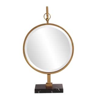Allan Andrews Round Gold Metal Framed Tabletop Mirror with Marble Base - 17"D x 30"H