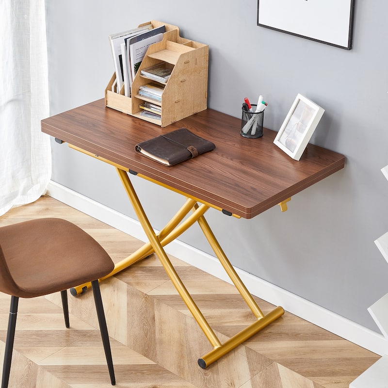 Modern minimalist multifunctional lift table with 0.8 inch thick MDF desktop and golden metal legs,coffee table
