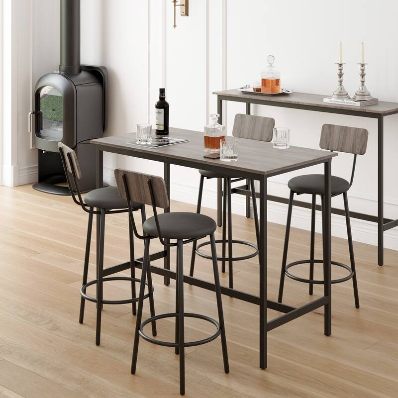Bar Table and Chairs Set for 4, 5-Piece Rectangle Pub Bistro Table and Stools Set with Backrest, Counter Height Dining Table Set