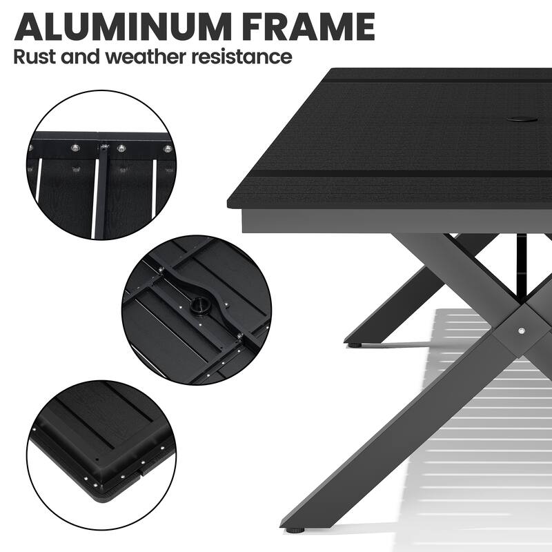 Outdoor Aluminum Dining Table Set Rectangular Table with Umbrella Hole and Stackable Chairs