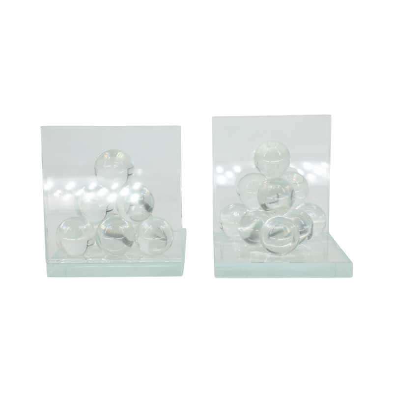 Sagebrook Home Modern Glass Crystal Bookends with Spherical Accents Glass Crystal - 5" x 5" x 6"
