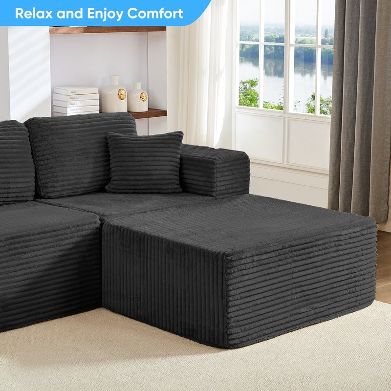 Corduroy 141'' Deep Seat Modular Sectional Sofa, Modern 8-Seater U-Shape Sofa Couch with Moveable Ottoman